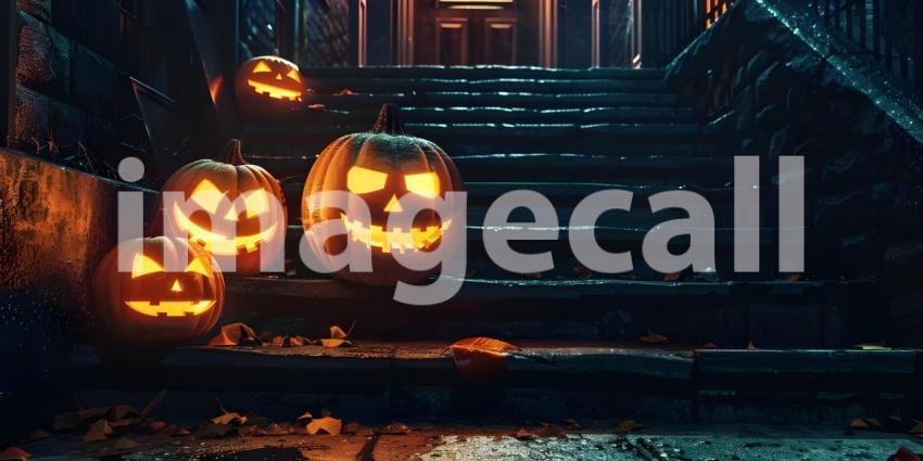 Halloween pumpkins outside a house Scary night background - Ai Generated