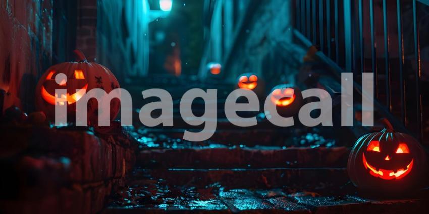 Halloween pumpkins outside a house Scary night background - Ai Generated