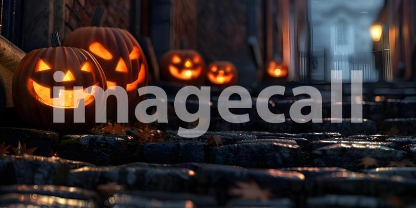 Halloween pumpkins outside a house Scary night background - Ai Generated