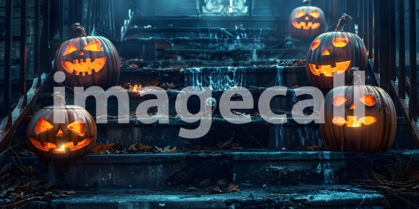 Halloween pumpkins outside a house Scary night background - Ai Generated
