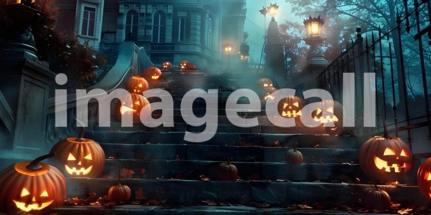 Halloween pumpkins outside a house Scary night background - Ai Generated