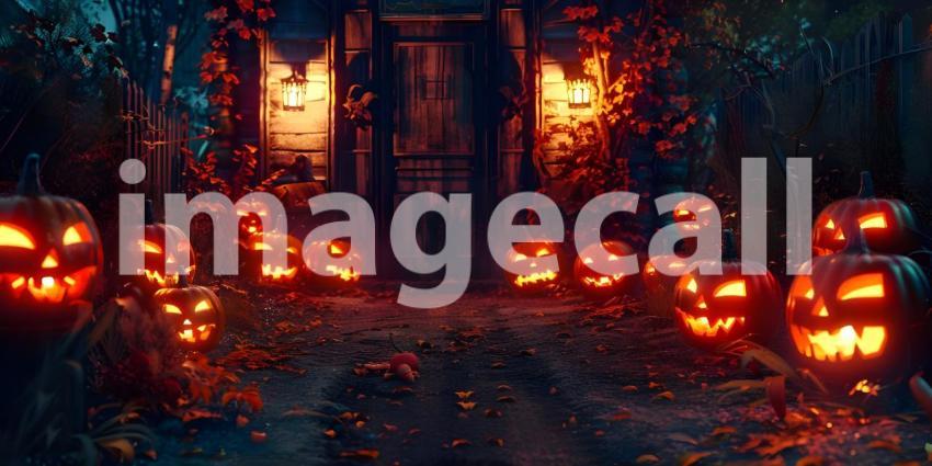 Halloween pumpkins outside a house Scary night background - Ai Generated