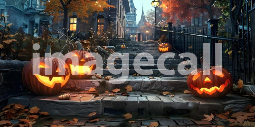 Halloween pumpkins outside a house Scary night background - Ai Generated