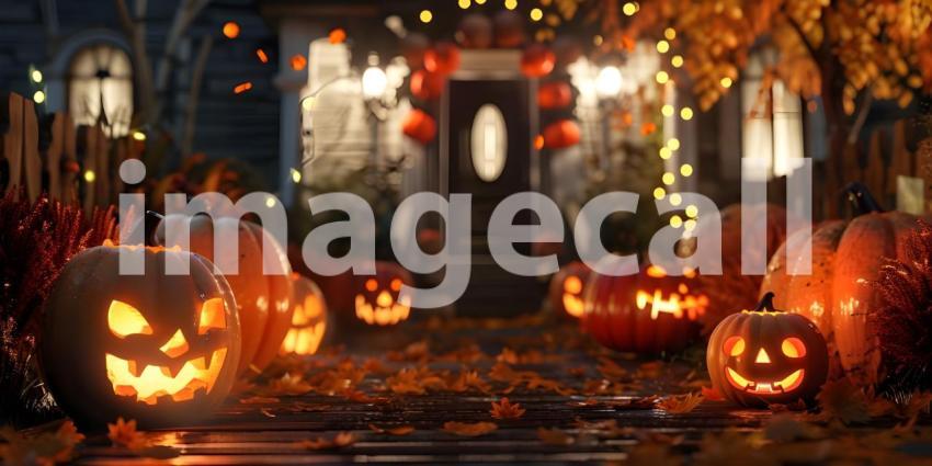 Halloween pumpkins outside a house Scary night background - Ai Generated