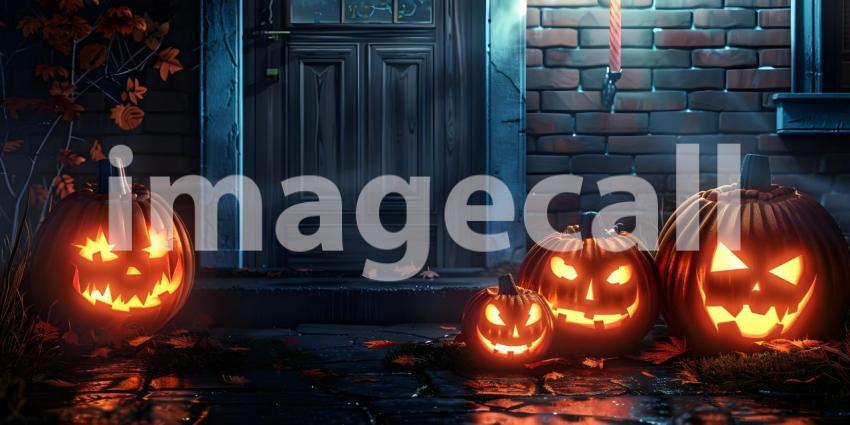 Halloween pumpkins outside a house Scary night background - Ai Generated