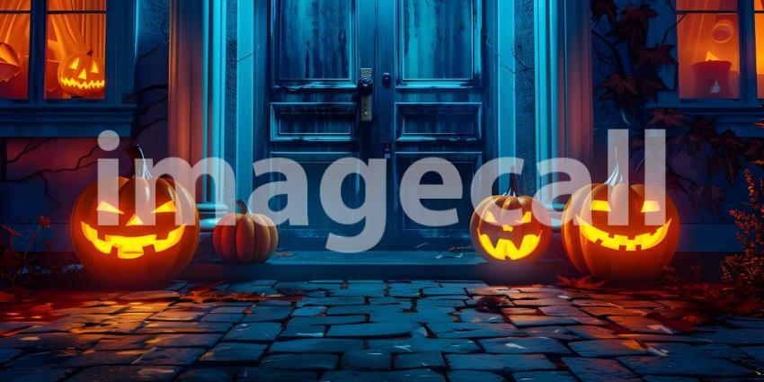 Halloween pumpkins outside a house Scary night background - Ai Generated