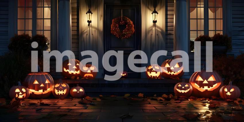Halloween pumpkins outside a house Scary night background - Ai Generated