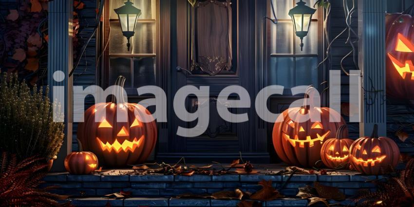Halloween pumpkins outside a house Scary night background - Ai Generated