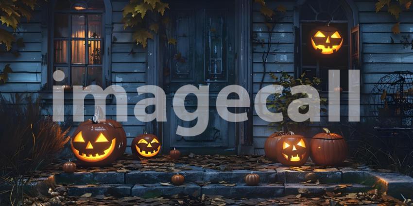 Halloween pumpkins outside a house Scary night background - Ai Generated