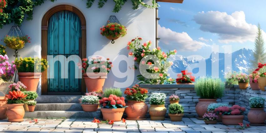House decorated with with blooming flower pots in a sunny day background - Ai Generated