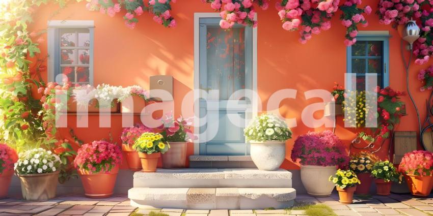 House decorated with with blooming flower pots in a sunny day background - Ai Generated