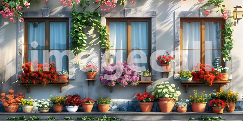 House decorated with with blooming flower pots in a sunny day background - Ai Generated