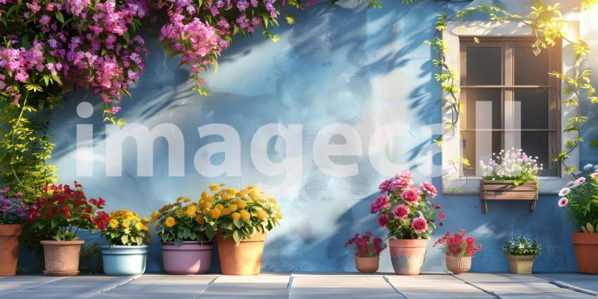 House decorated with with blooming flower pots in a sunny day background - Ai Generated