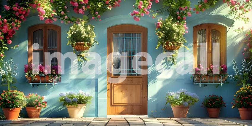House decorated with with blooming flower pots in a sunny day background - Ai Generated