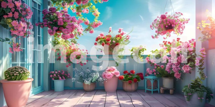 House decorated with with blooming flower pots in a sunny day background - Ai Generated