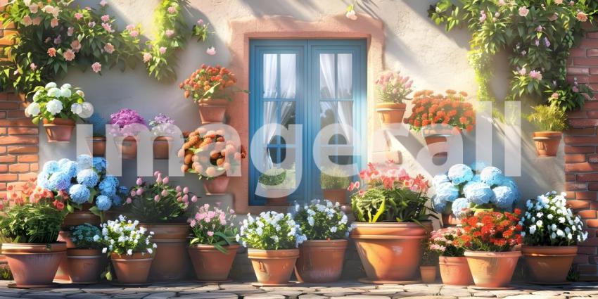 House decorated with with blooming flower pots in a sunny day background - Ai Generated