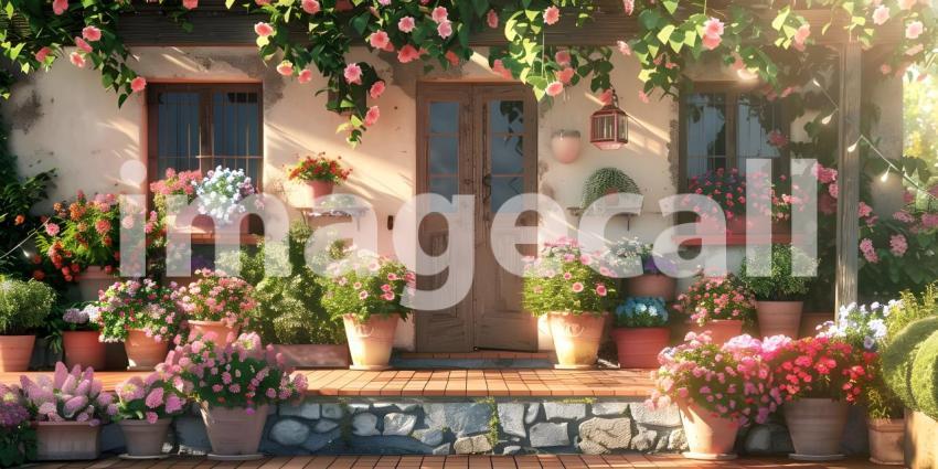 House decorated with with blooming flower pots in a sunny day background - Ai Generated