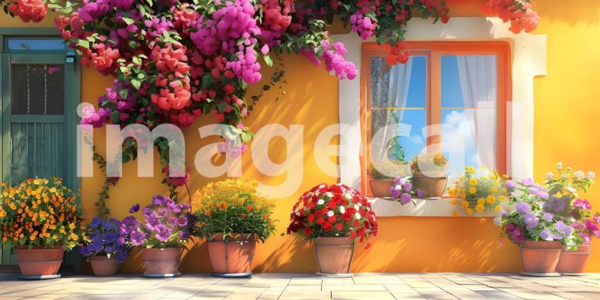 House decorated with with blooming flower pots in a sunny day background - Ai Generated