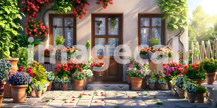 House decorated with with blooming flower pots in a sunny day background - Ai Generated