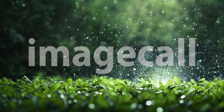 Lawn sprinkler watering green grass background - Ai Generated