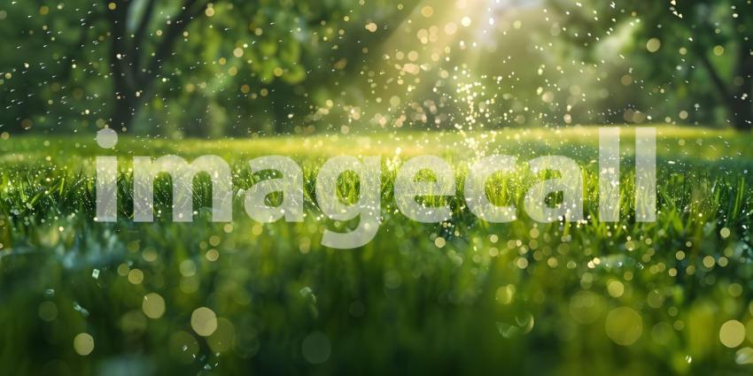 Lawn sprinkler watering green grass background - Ai Generated