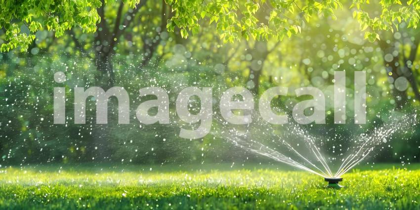 Lawn sprinkler watering green grass background - Ai Generated