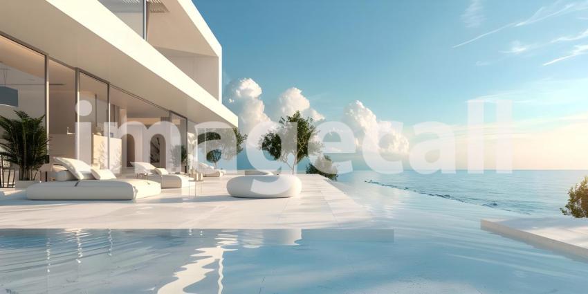 Luxury modern white beach hotel with swimming pool background - Ai Generated