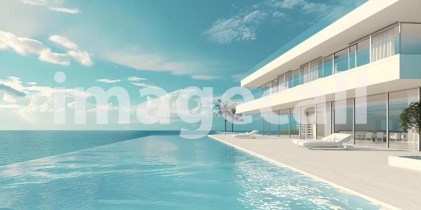 Luxury modern white beach hotel with swimming pool background - Ai Generated