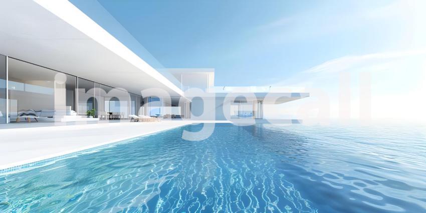 Luxury modern white beach hotel with swimming pool background - Ai Generated