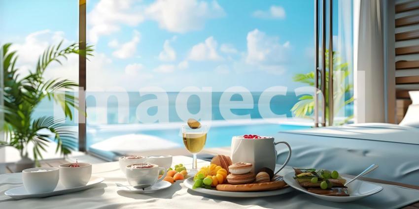 Luxury tourist resort breakfast in hotel room with ocean view background - Ai Generated