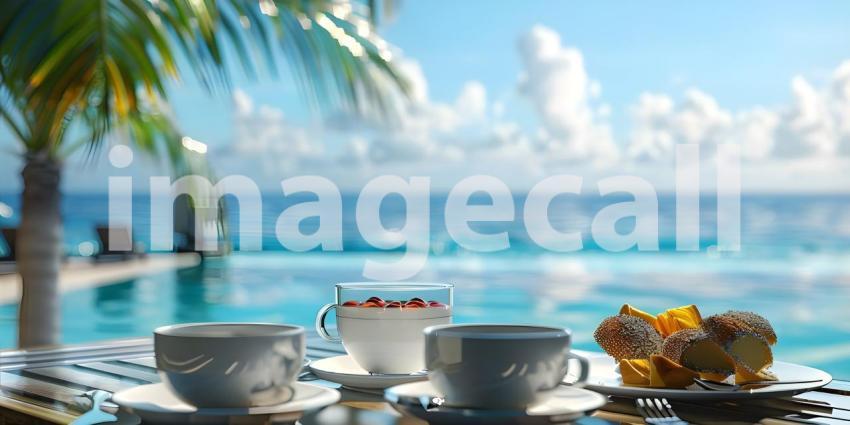 Luxury tourist resort breakfast in hotel room with ocean view background - Ai Generated
