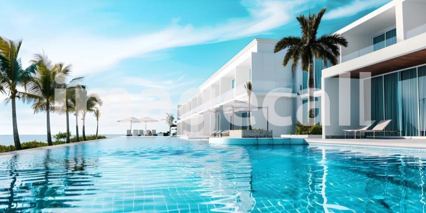 Luxury modern white beach hotel with swimming pool background - Ai Generated