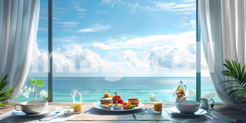 Luxury tourist resort breakfast in hotel room with ocean view background - Ai Generated