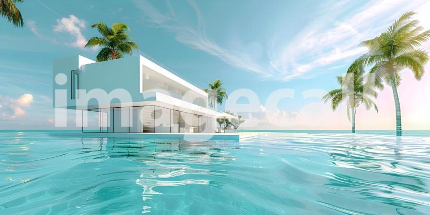 Luxury modern white beach hotel with swimming pool background - Ai Generated