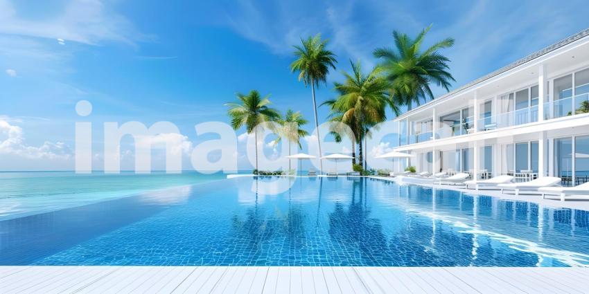 Luxury modern white beach hotel with swimming pool background - Ai Generated
