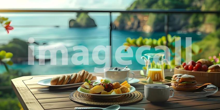 Luxury tourist resort breakfast in hotel room with ocean view background - Ai Generated