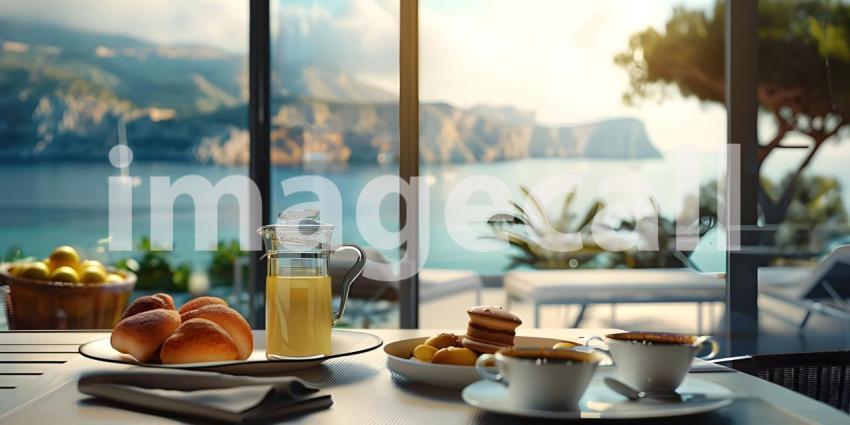 Luxury tourist resort breakfast in hotel room with ocean view background - Ai Generated