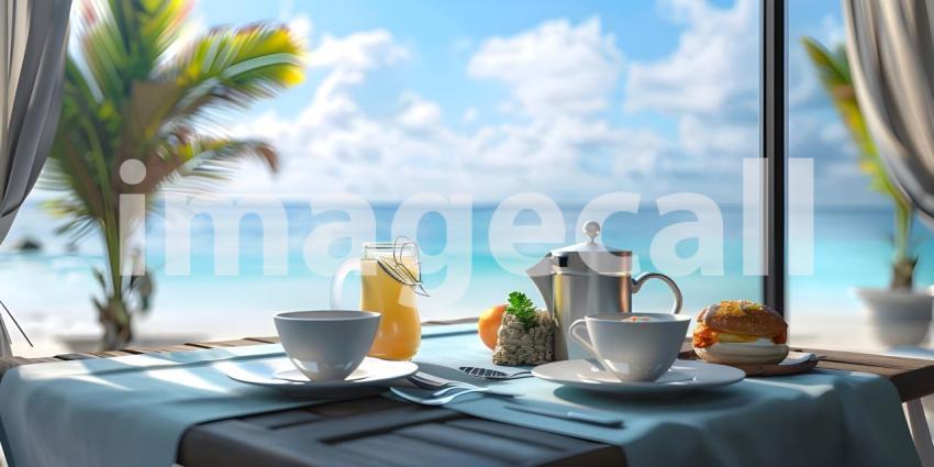 Luxury tourist resort breakfast in hotel room with ocean view background - Ai Generated