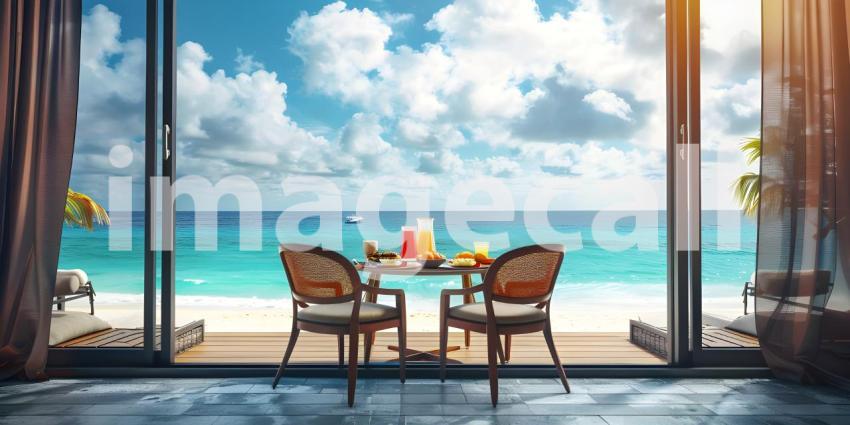 Luxury tourist resort breakfast in hotel room with ocean view background - Ai Generated