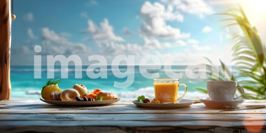 Luxury tourist resort breakfast in hotel room with ocean view background - Ai Generated