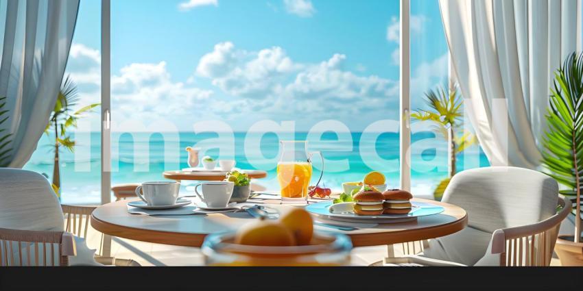 Luxury tourist resort breakfast in hotel room with ocean view background - Ai Generated