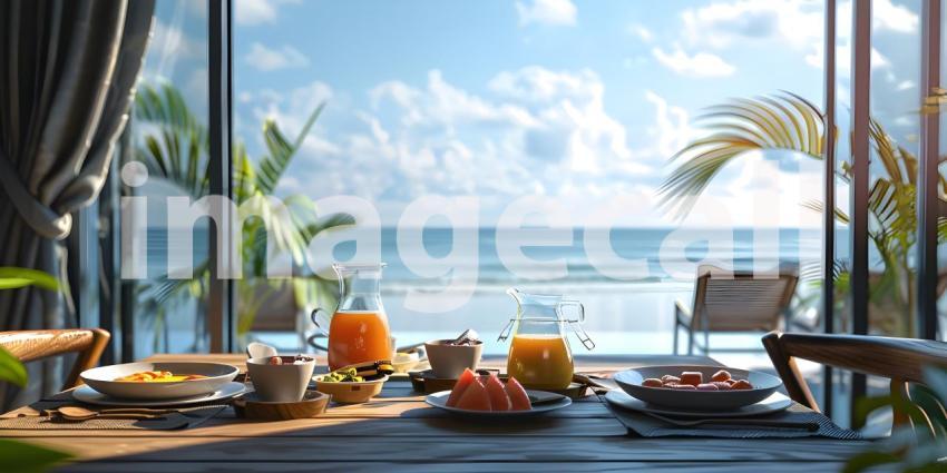 Luxury tourist resort breakfast in hotel room with ocean view background - Ai Generated