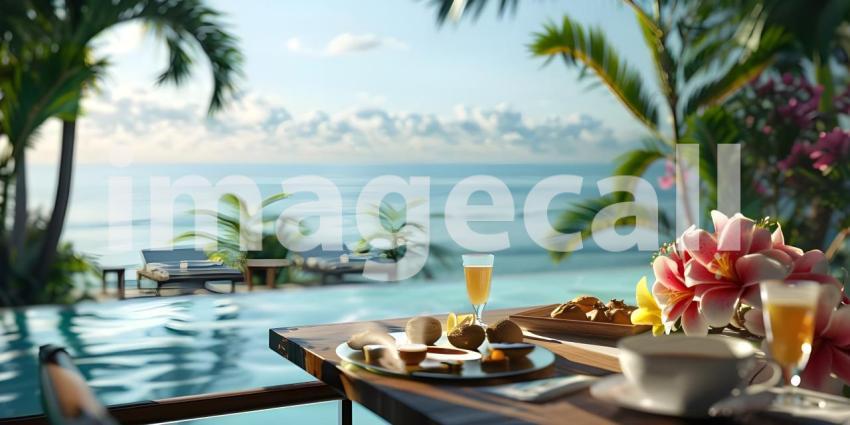 Luxury tourist resort breakfast in hotel room with ocean view background - Ai Generated