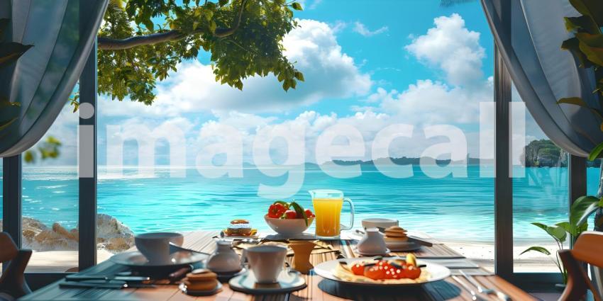 Luxury tourist resort breakfast in hotel room with ocean view background - Ai Generated