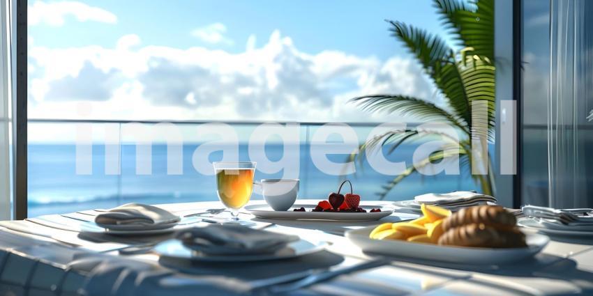 Luxury tourist resort breakfast in hotel room with ocean view background - Ai Generated