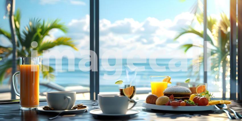 Luxury tourist resort breakfast in hotel room with ocean view background - Ai Generated