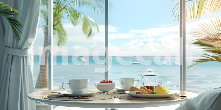 Luxury tourist resort breakfast in hotel room with ocean view background - Ai Generated