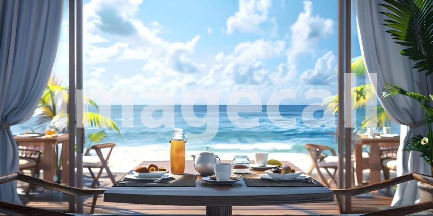 Luxury tourist resort breakfast in hotel room with ocean view background - Ai Generated