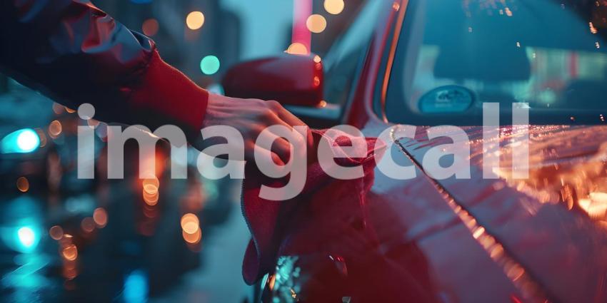 Man hand holding microfiber cloth polishing car background - Ai Generated