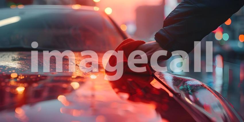 Man hand holding microfiber cloth polishing car background - Ai Generated